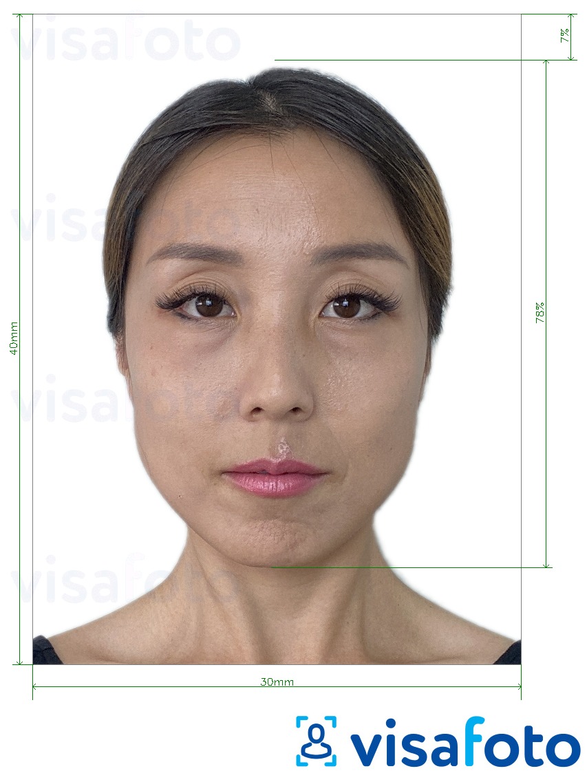 韩国外国人登记3x4厘米（30x40毫米） 的标准尺寸照片示例