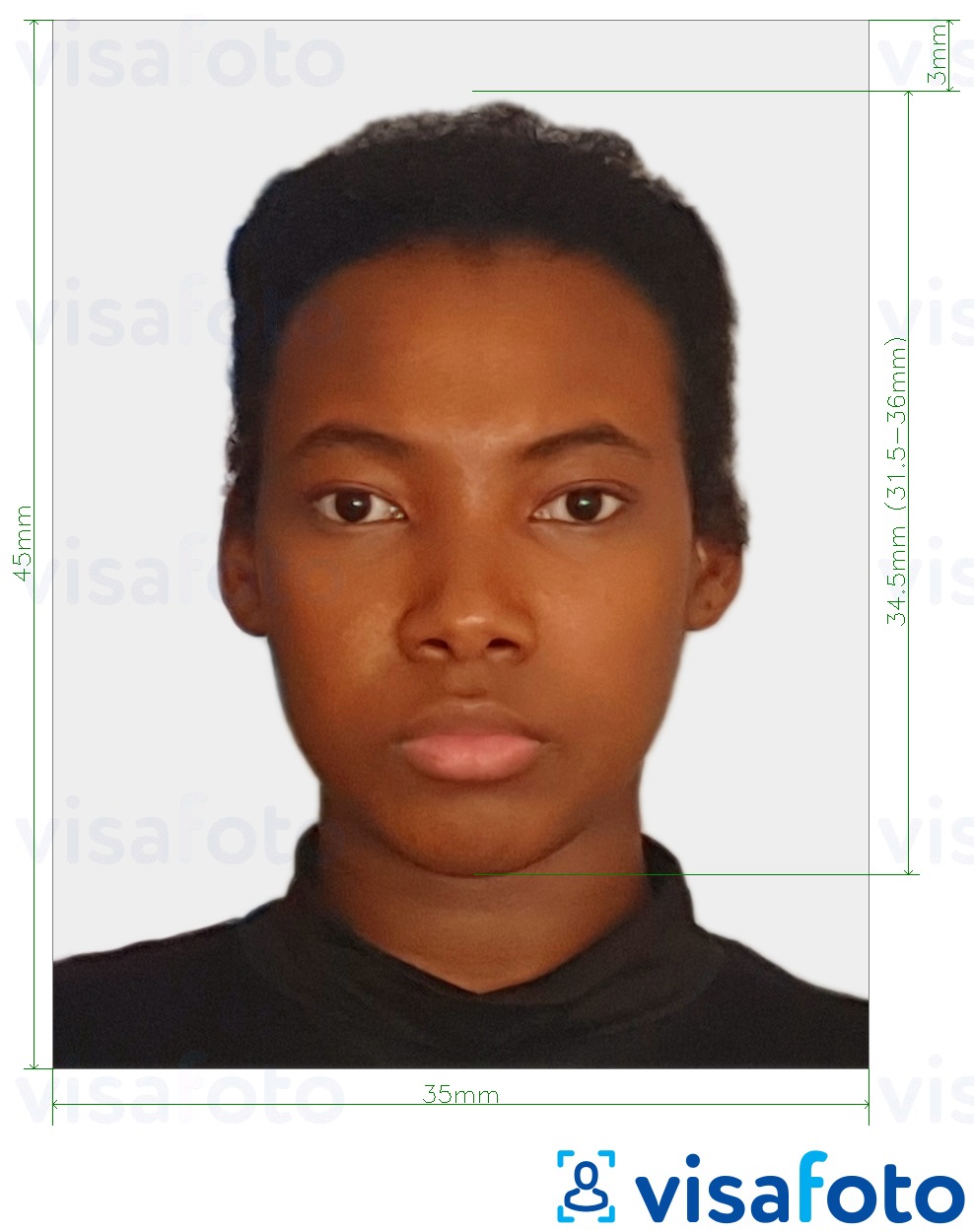 多哥护照4.5x3.5厘米（45x35毫米） 的标准尺寸照片示例