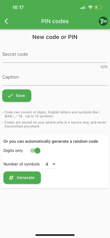 7ID: Ustvarite PIN ali kodo