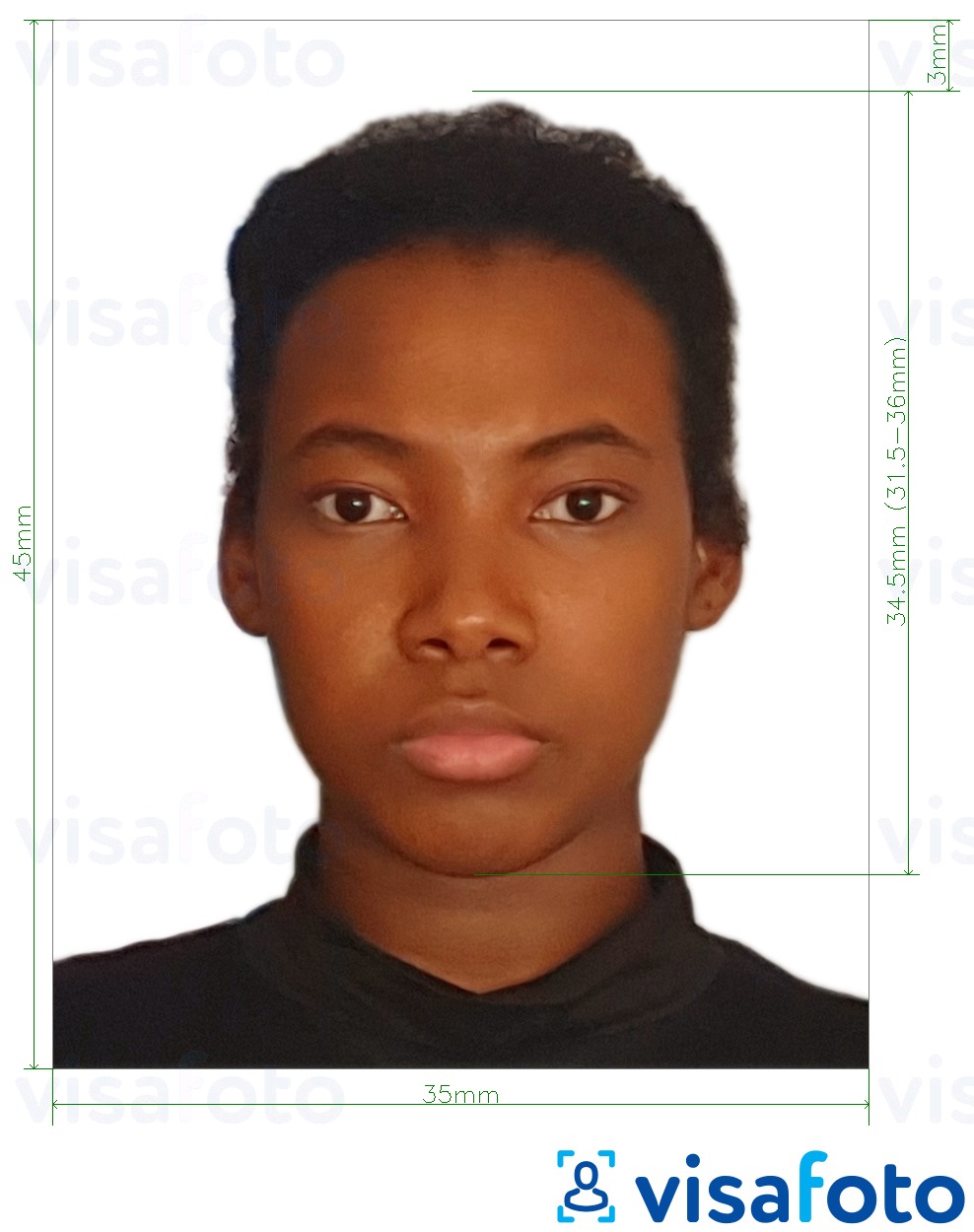 贝宁签证3.5x4.5厘米（35x45毫米） 的标准尺寸照片示例