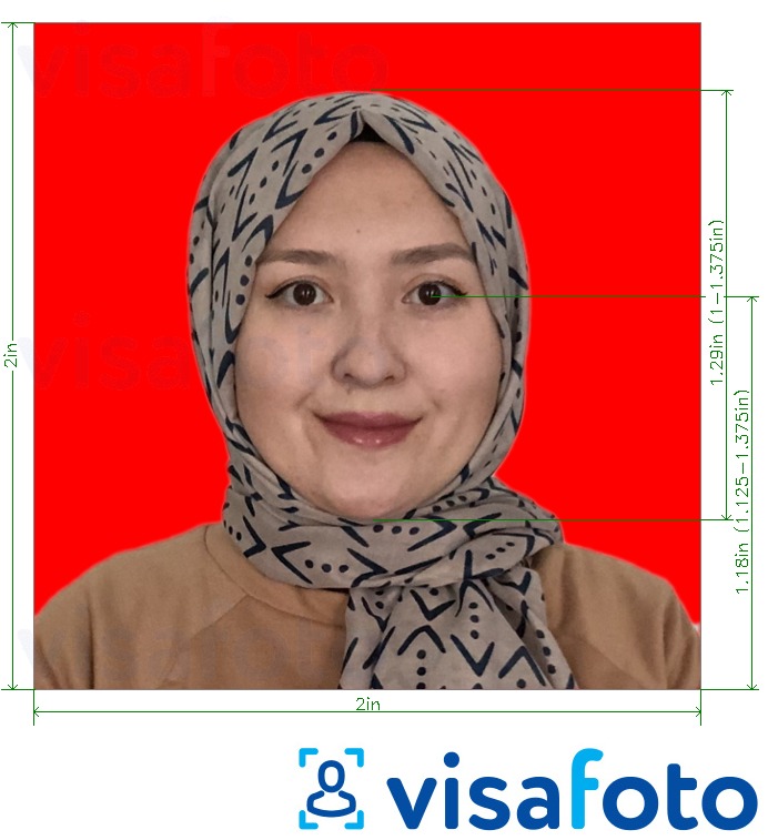 印度尼西亚护照 51x51毫米（2x2英寸）红色背景 的标准尺寸照片示例
