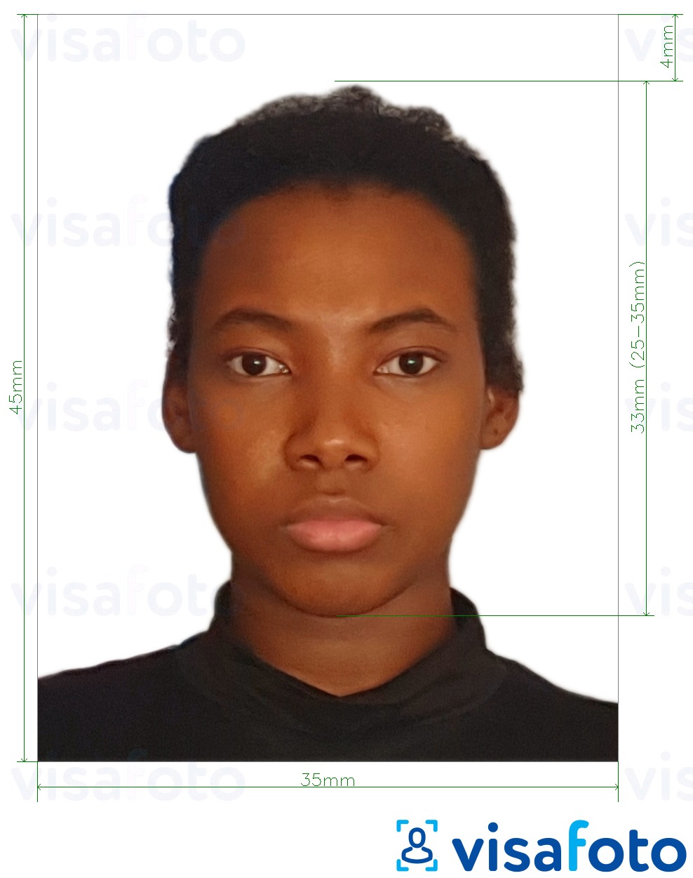 牙买加护照35x45毫米（3.5x4.5厘米） 的标准尺寸照片示例