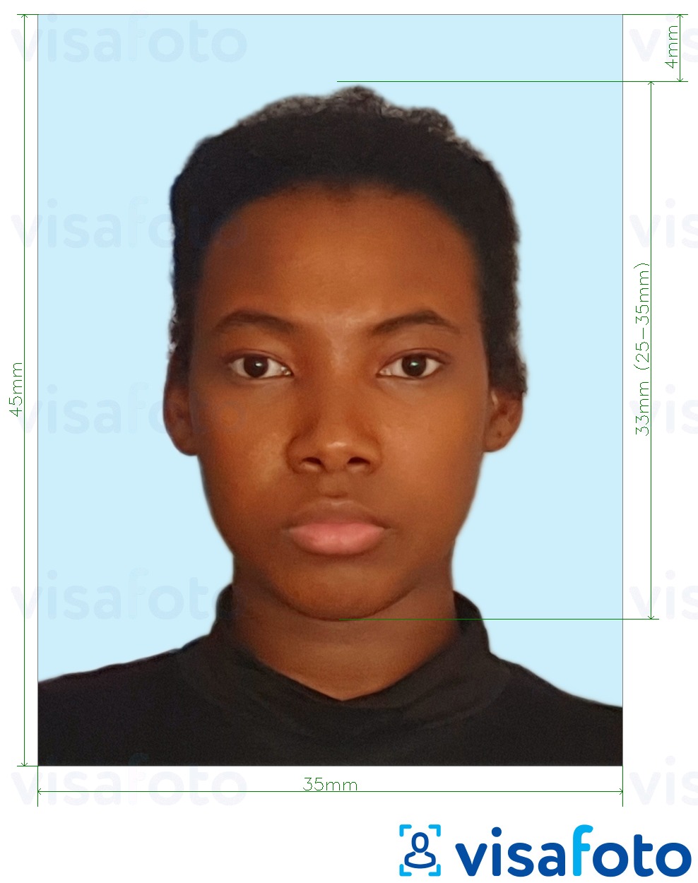 牙买加护照35x45毫米淡蓝色背景 的标准尺寸照片示例