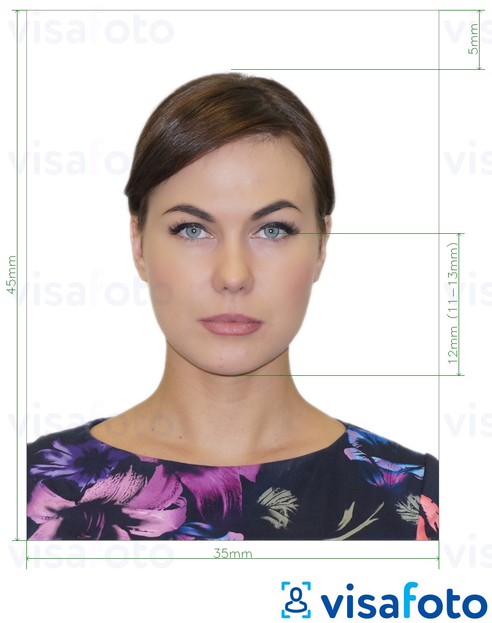 俄罗斯护照（眼睛到下巴的下巴12毫米），35x45毫米 的标准尺寸照片示例